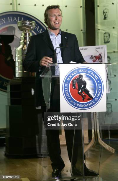 Martin Brodeur of the New Jersey Devils addresses those in attendance at the launching of his book "Brodeur, Beyond the Crease" in the Great Hall at...