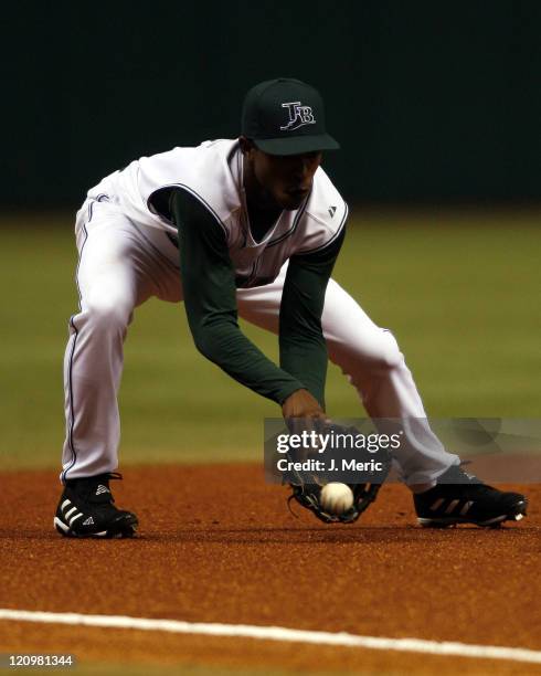 Tampa Bay rookie B.J. Upton makes the play during Friday night's action against Boston at Tropicana Field in St. Petersburg, Florida on August 4,...