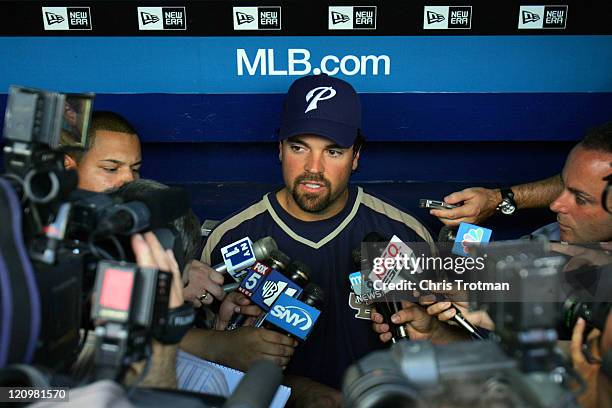 Mike Piazza of the San Diego Padres talks to the media on his first appearance at Shea Stadium since leaving the New York Mets, on Aug 8, 2006 in New...