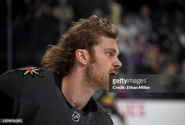 Jon Merrill of the Vegas Golden Knights skates during warmups before a game against the Los Angeles Kings at T-Mobile Arena on March 1, 2020 in Las...