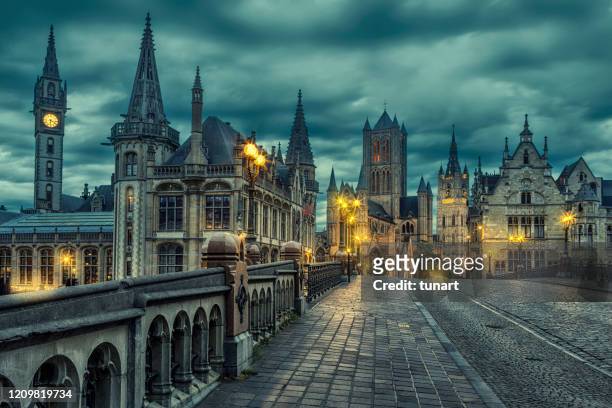 ghent cityscape from st michael's bridge, belgium - east flanders stock pictures, royalty-free photos & images