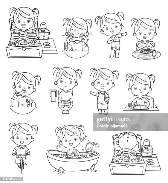 illustrazioni stock, clip art, cartoni animati e icone di tendenza di bianco e nero, attività quotidiane di routine per bambini - colorare
