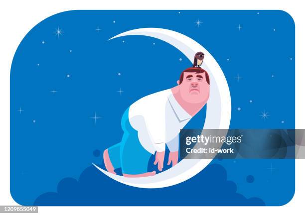 sleepless man leaning on crescent moon - insomnia stock illustrations
