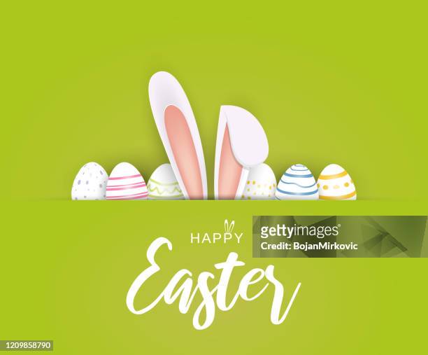 happy easter poster or card with eggs and bunny ears. vector - easter stock illustrations
