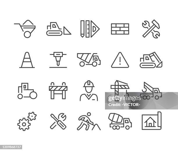 construction icons - classic line series - vehicle scoop stock illustrations