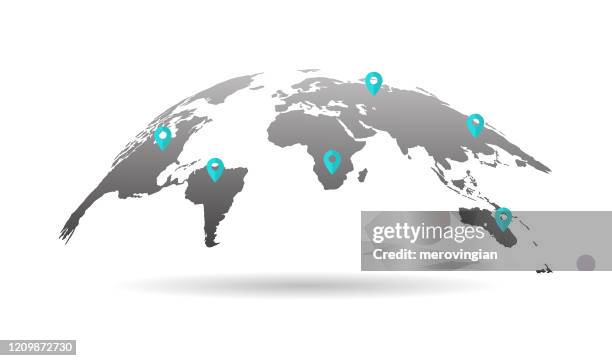 curved circular world map - straight pin stock illustrations