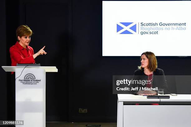 The First Minister Nicola Sturgeon, Chief Medical Officer Dr Catherine Calderwood and Health Secretary Jeane Freeman hold a Coronavirus briefing at...