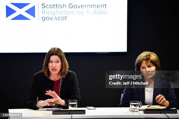 Scotland's Chief Medical Officer Dr Catherine Calderwood, First Minister Nicola Strugeon and Health Secretary Jeane Freeman, hold a Coronavirus...