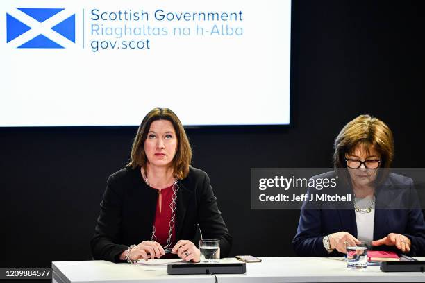 Scotland's Chief Medical Officer Dr Catherine Calderwood, First Minister Nicola Strugeon and Health Secretary Jeane Freeman, hold a Coronavirus...