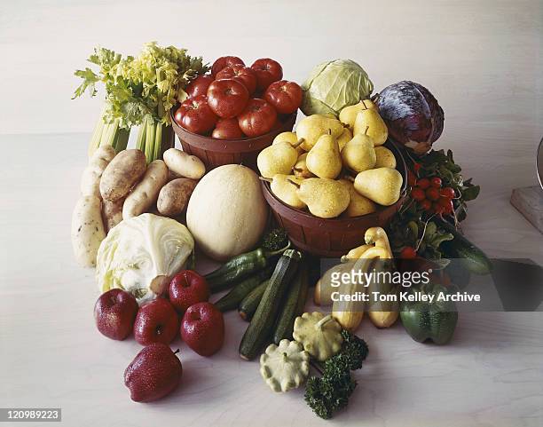 fresh vegetables and fruit on wood grain - 1974 stock pictures, royalty-free photos & images