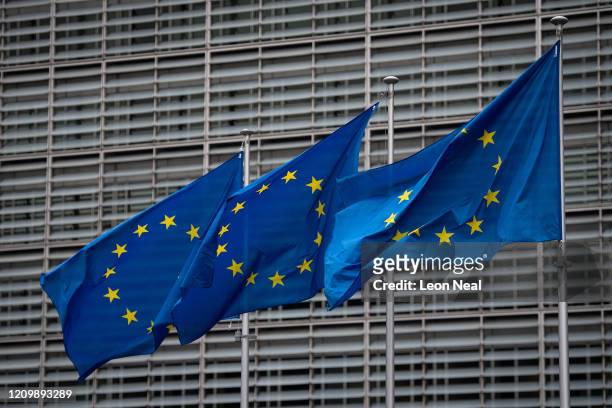 European flags are seen outside the European Commission on March 02, 2020 in Brussels, Belgium. The UK chief negotiator David Frost has met his EU...