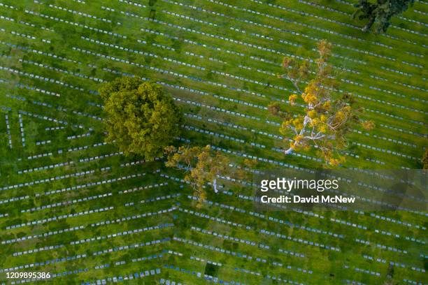 An aerial view shows grave markers at Forest Lawn Memorial Park cemetery as coronavirus infections accelerate on April 14, 2020 in Glendale,...