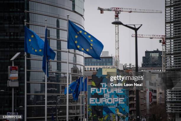 The Future is Europe" by Belgian artist NovaDead is seen among European flags near to the European Commission on March 02, 2020 in Brussels, Belgium....