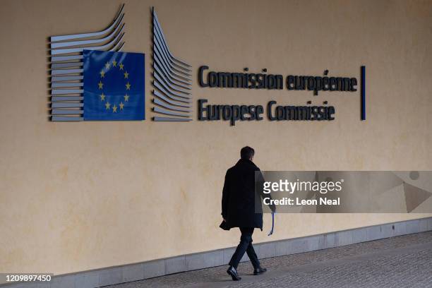 People walk towards the European Commission within the Berlaymont building on March 02, 2020 in Brussels, Belgium. The UK chief negotiator David...
