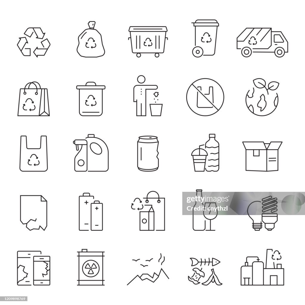 Set von Recycling, Abfallwirtschaft und Zero Waste Related Line Icons. Bearbeitbarer Strich. Einfache Gliederung Saum-Symbole.