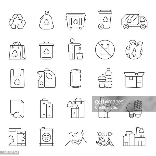 set of recycling, waste management and zero waste related line icons. editable stroke. simple outline icons. - plastic stock illustrations