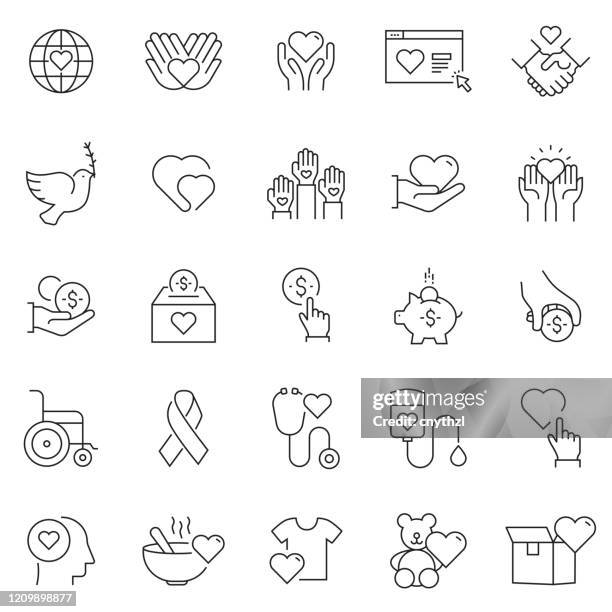 set of charity and donation related line icons. editable stroke. simple outline icons. - community involvement icon stock illustrations