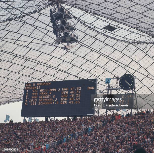 Scoreboard at the Olympic Stadium in Munich showing the results of the Men's 400 Meters Hurdles final and the new world record time of 47.82 seconds...