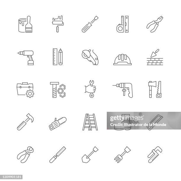 construction tools line icon set - foundation brush stock illustrations