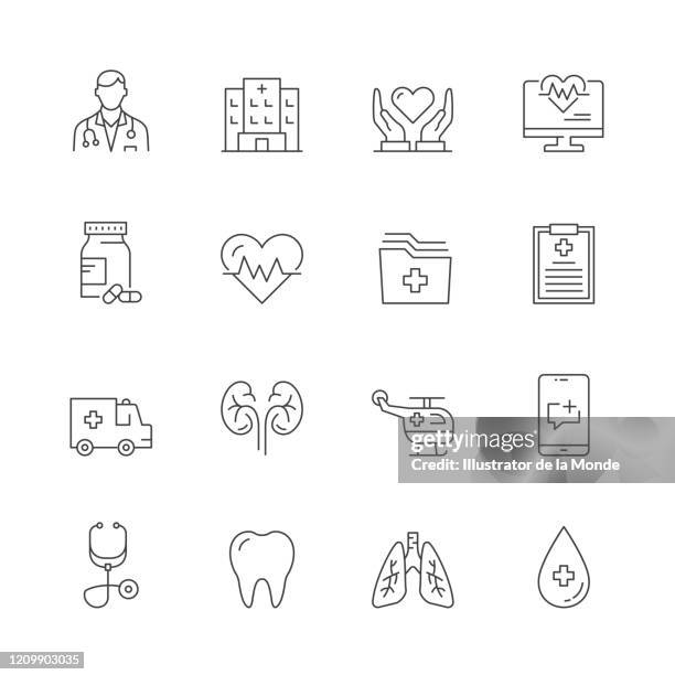 ilustraciones, imágenes clip art, dibujos animados e iconos de stock de conjunto de iconos de línea médica y de atención médica - biochemistry