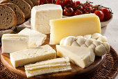 Different types of cheese, bread and tomatoes