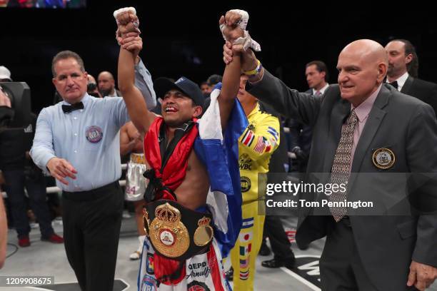 Roman Gonzalez celebrates after beating Khalid Yafai in an eighth round TKO in a WBA Super Flyweight World Championship bout at The Ford Center at...