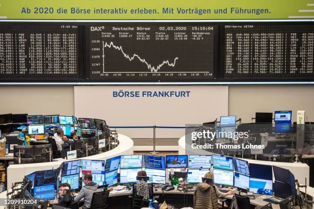 The DAX Index curve shows the downward trajectory at the Frankfurt Stock Exchange of the Deutsche Boerse AG on March 2, 2020 in Frankfurt, Germany....