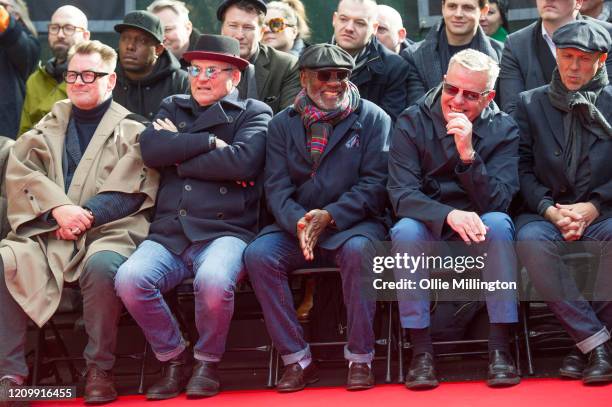 Mike Barson, Chas Smash, Lynval Golding , Graham McPherson aka Suggs, Mark Bedford and Dan Woodgate of Madness during their Music Walk Of Fame Stone...