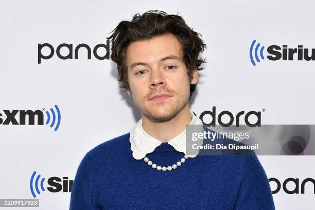 Harry Styles visits SiriusXM Studios on March 02, 2020 in New York City.