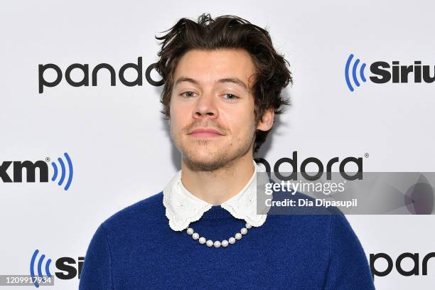Harry Styles visits SiriusXM Studios on March 02, 2020 in New York City.