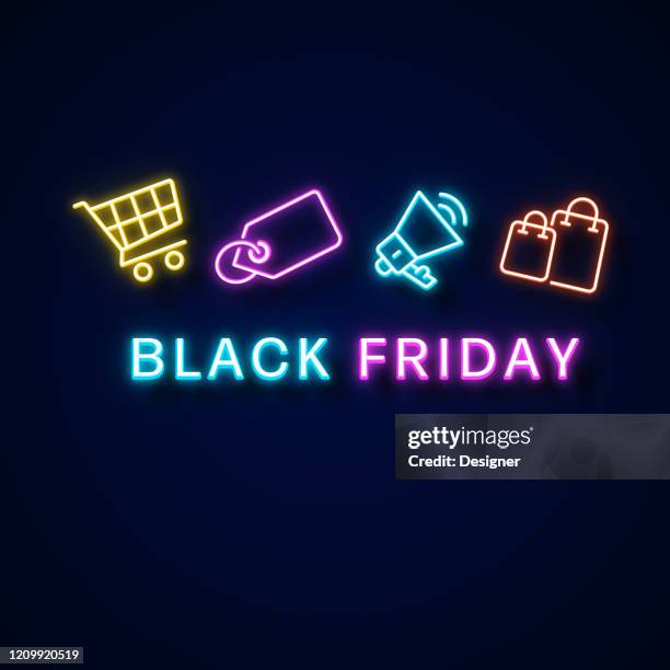 black friday neon style, design-elemente - designer label stock-grafiken, -clipart, -cartoons und -symbole