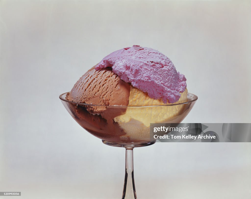 Scoops of ice cream in bowl, close-up