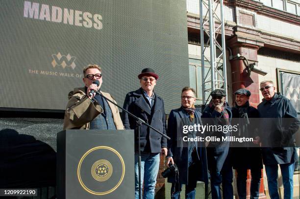 Chas Smash, Mike Barson, Dan Woodgate, Lynval Golding , Mark Bedford and Graham McPherson aka Suggs of Madness during the Music Walk Of Fame Madness...