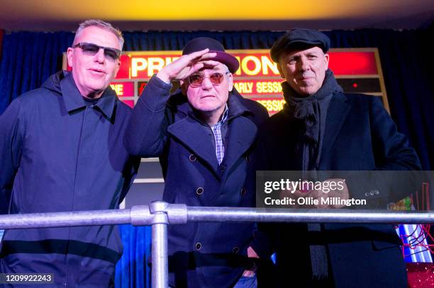 Graham McPherson aka Suggs, Mike Barson and Mark Bedford of Madness after performing a bingo call out at Mecca Bingo across the road from their Music...