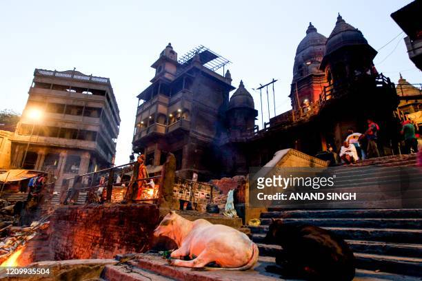 This picture taken on April 10 shows a view of Manikarnika Ghat on the banks of the Ganges river during a government-imposed lockdown as a preventive...