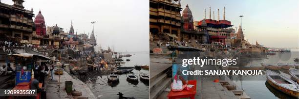 This combination of pictures created on April 15 shows a general view of India's largest cremation site, Manikarnika Ghat on the banks of the Ganges...