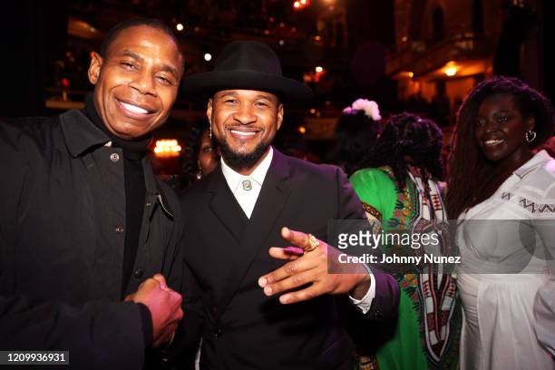 Doug E. Fresh and Usher attend City Winery Presents: Harry Belafonte's 93rd Birthday Celebration at The Apollo Theater on March 01, 2020 in New York...