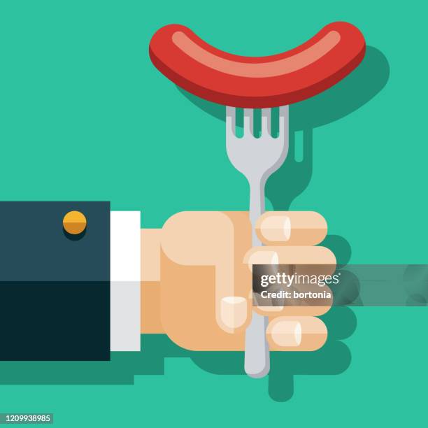 hand holding fork with sausage - hand fork stock illustrations