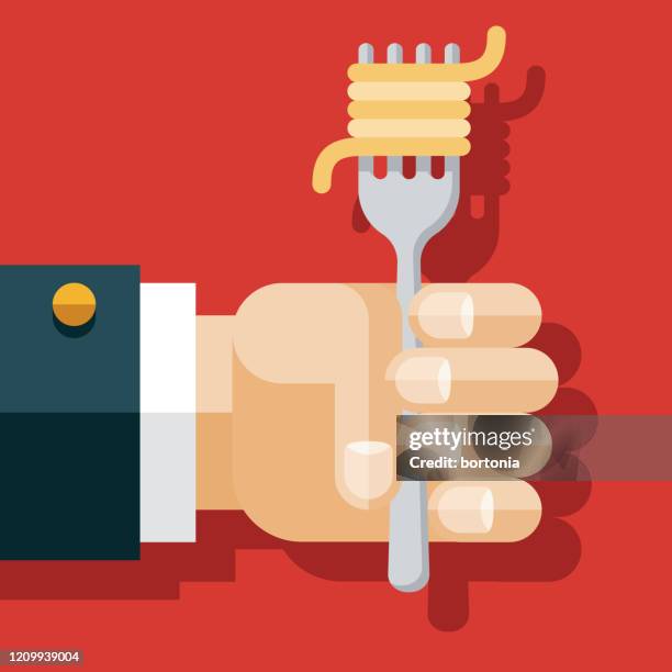 hand holding fork with spaghetti - man ready to eat stock illustrations