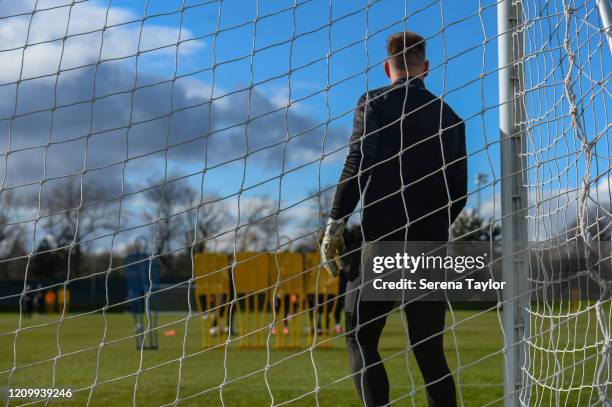 Goalkeeper Rob Elliot stands in goal during the Newcastle United Training session at the Newcastle United Training Centre on March 02, 2020 in...