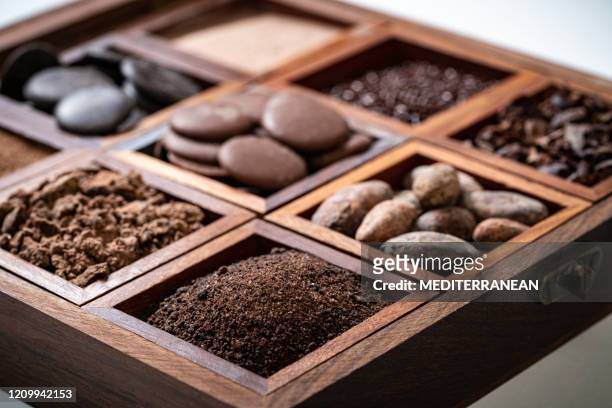 chocolate wood box with coca beans chocolate drops cacao powder - cacao organization stock pictures, royalty-free photos & images