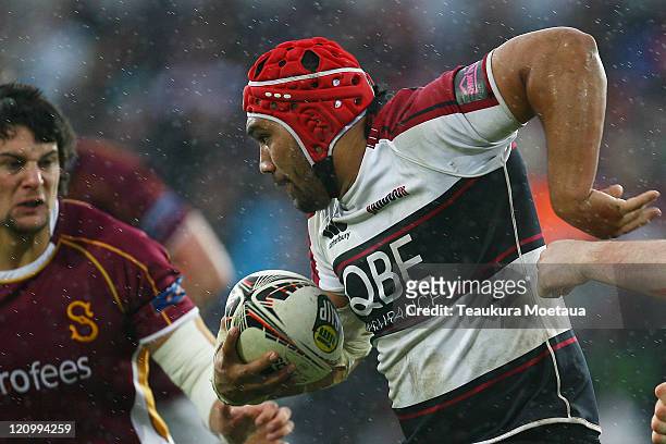 Matt Luamanu of North Habour makes a break during the round nine ITM Cup match between Southland and North Harbour at Rugby Park on August 13, 2011...