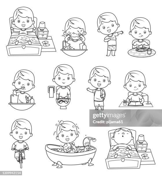 schwarz-weiß, kinder alltag - ausmalen stock-grafiken, -clipart, -cartoons und -symbole