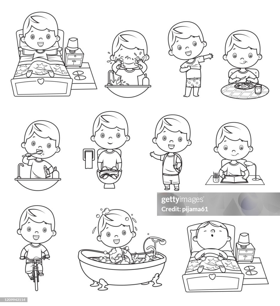 Black And White Kids Daily Routine Activities High-Res Vector Graphic -  Getty Images