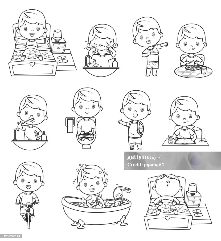 Black And White Kids Daily Routine Activities High-Res Vector Graphic - Getty Images Black And White Kids Daily Routine Activities High-Res Vector Graphic - Getty Images
