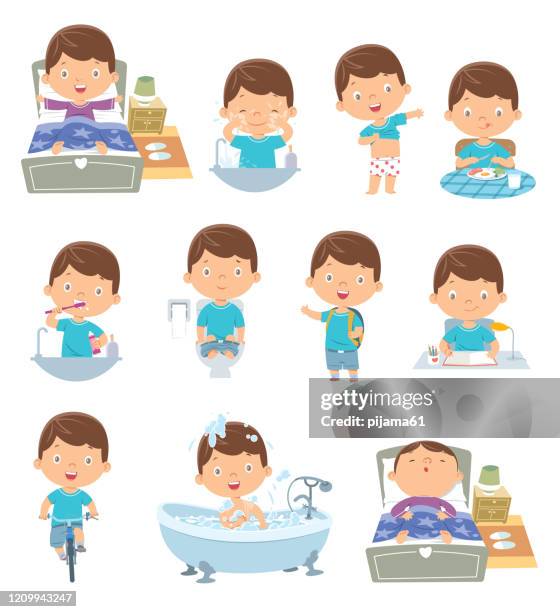 ilustraciones, imágenes clip art, dibujos animados e iconos de stock de actividades de rutina diaria de los niños - routine