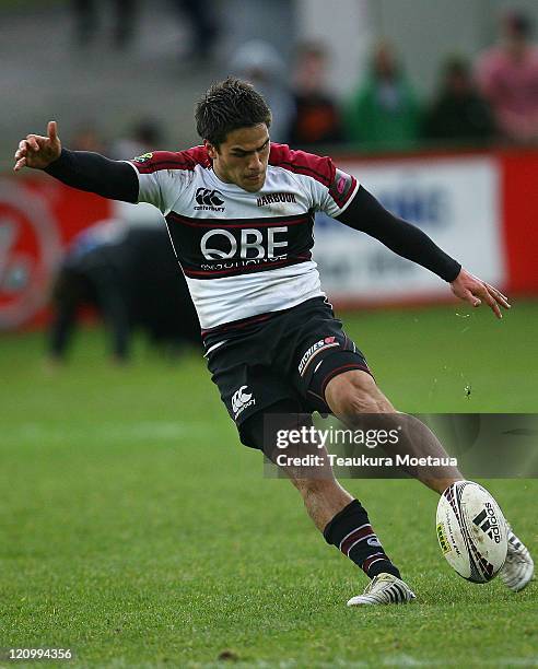 Ben Botica of North Harbour kicks during the round nine ITM Cup match between Southland and North Harbour at Rugby Park on August 13, 2011 in...