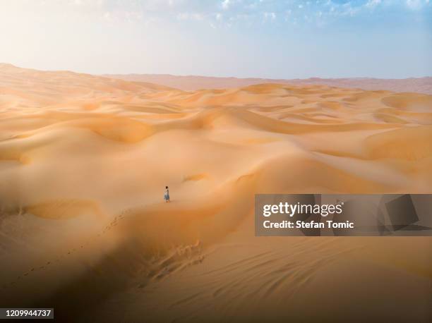 donna che cammina sulla vista aerea delle dune di sabbia del deserto - quarter foto e immagini stock