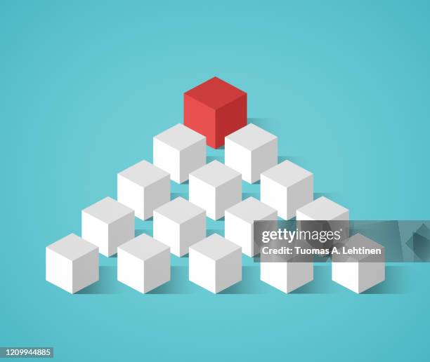 red cube on top followed by many smaller white cubes in a pyramid formation on a turquoise background. - pyramid shape 3d stock pictures, royalty-free photos & images