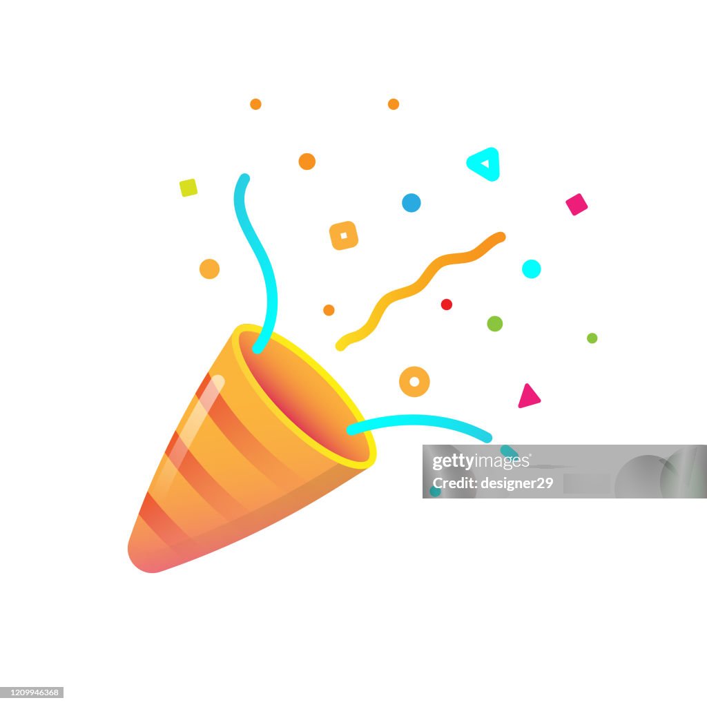 Konfetti och Party Popper Icon Flat Design på vit bakgrund.